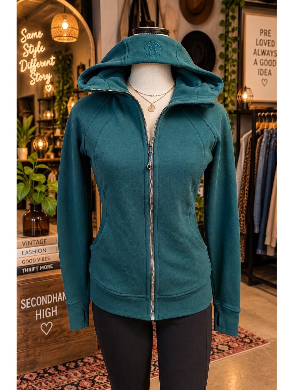 Lululemon Scuba Hoodie Full Zip Teal Green Women’s Size 6 Thumbholes